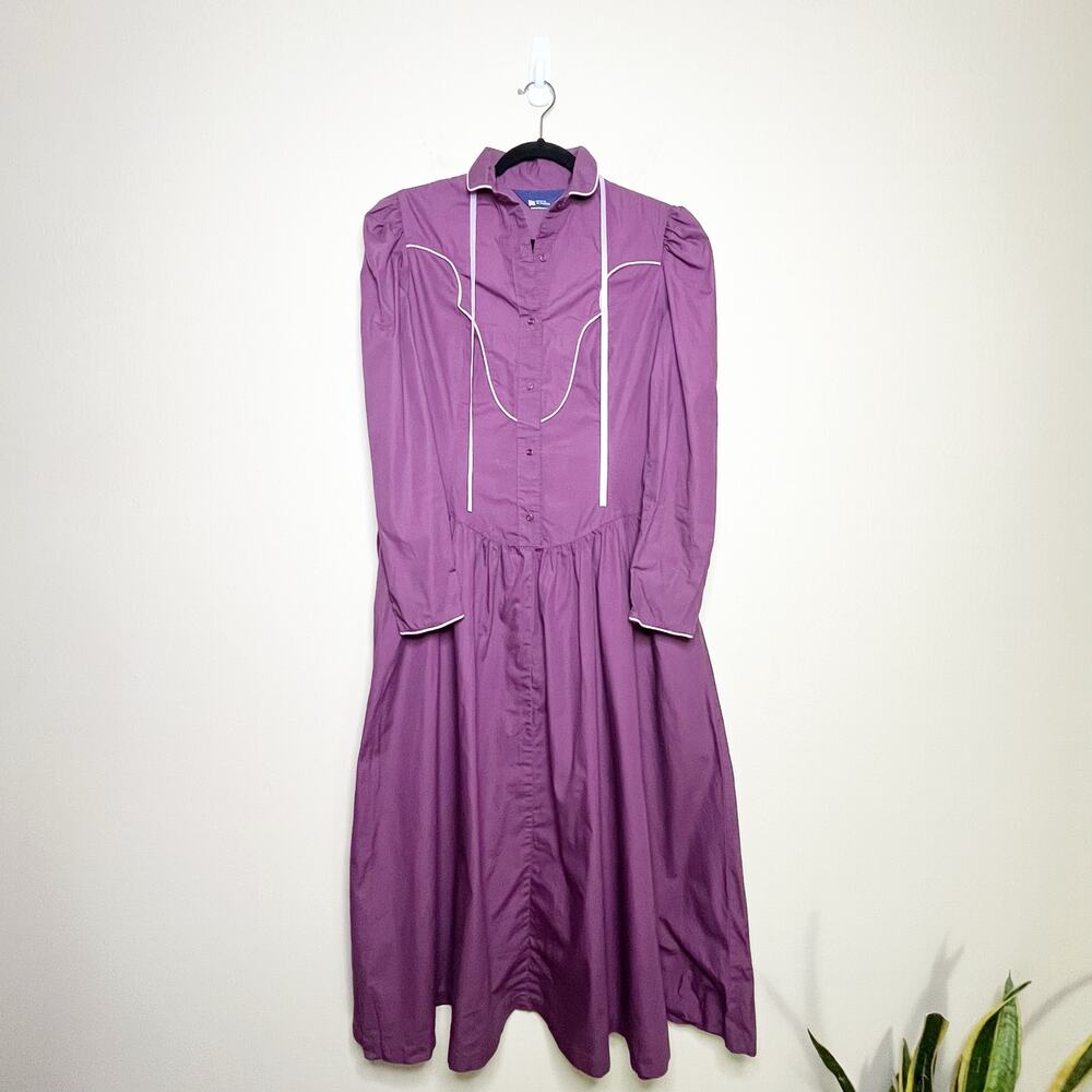 Vintage 70s Prairie Cottage Core‎ Purple Collared Piping Pioneer Midi Dress Med